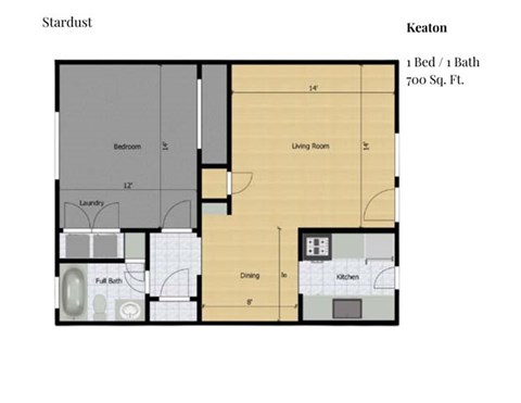 Floor plan for 1 bed, 1 bath, 700 sqft